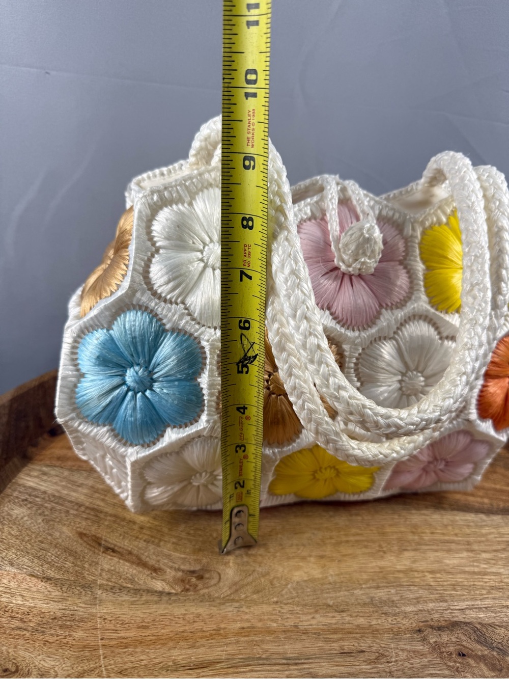 Vintage Raffia Flower Handbag Pastel Floral Straw Purse Cottagecore - Picture 8 of 9